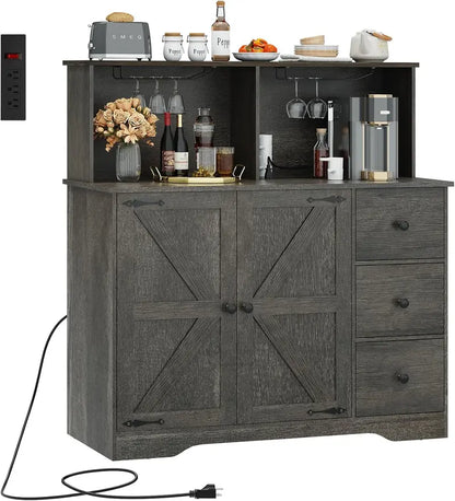 White Farmhouse Coffee Bar Buffet  Dual-Door Cabinet with Power Outlets, Glass Holder & 3 Drawers