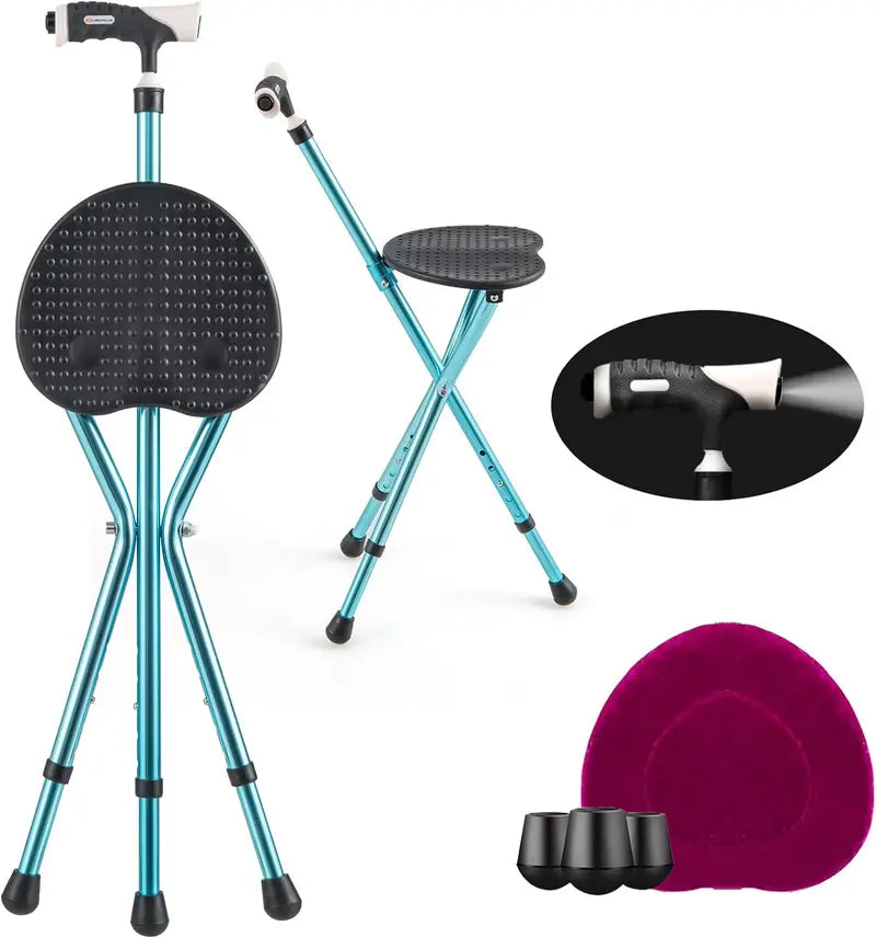 Adjustable Folding Cane Seat  Aluminum Alloy Crutch Chair with LED Light and Tripod Base