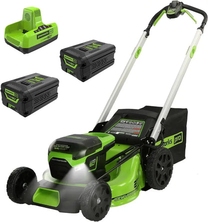 60V Cordless Self-Propelled Lawn Mower  21″ Brushless Motor, LED Lights, Dual 4.0Ah Batteries & Fast Dual-Port Charger