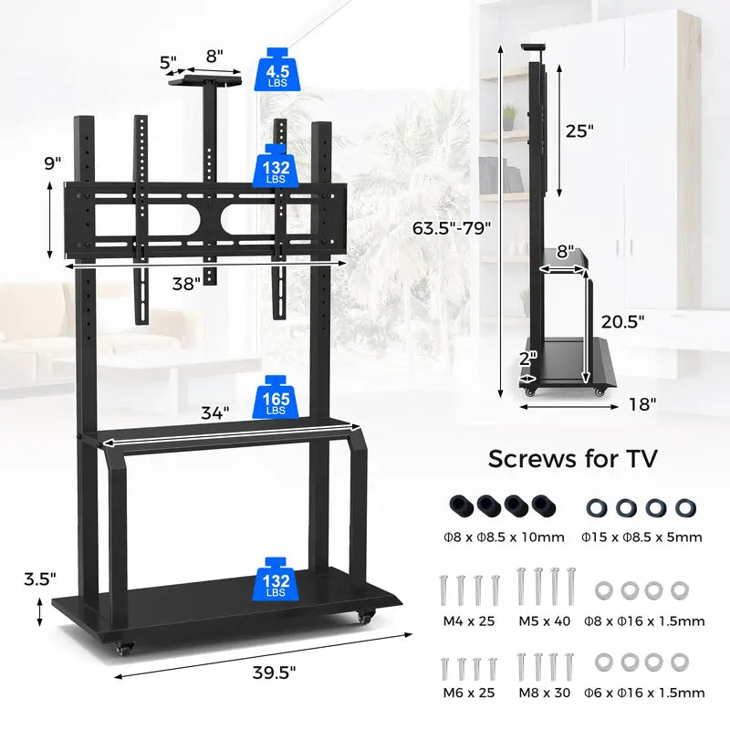 Rolling TV Stand with Camera Shelf and AV Storage Compartments
