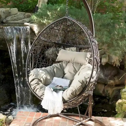 Weatherproof Wicker Hanging Basket Chair  Hammock-Style Seat with Cushions, 300 lb Capacity