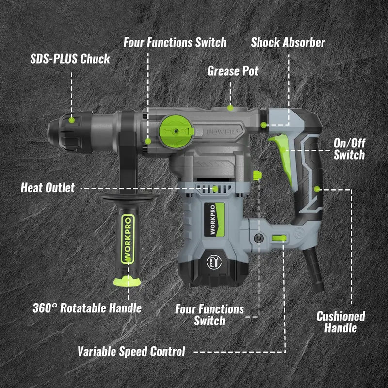 WORKPRO 12.5A SDS-Plus Rotary Hammer Drill  1-1/4″ Heavy-Duty Corded Hammer Drill