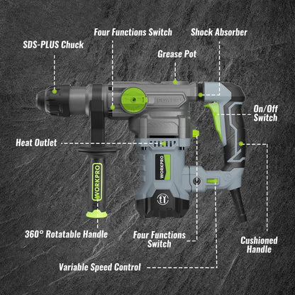 WORKPRO 12.5A SDS-Plus Rotary Hammer Drill  1-1/4″ Heavy-Duty Corded Hammer Drill