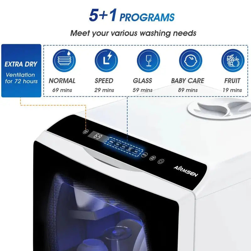 Portable Countertop Dishwasher  5L Self-Contained Tank, 5 Wash Cycles & Air-Dry Function