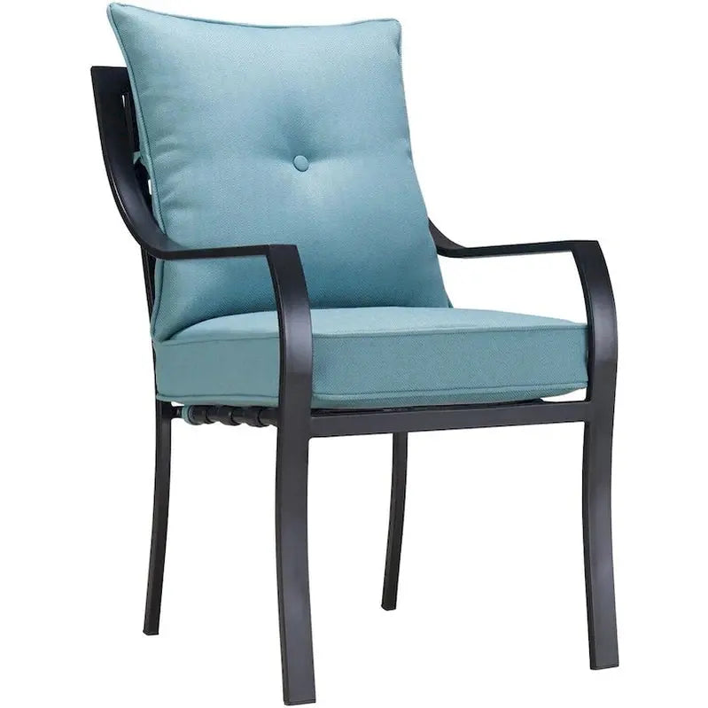 Hanover Lavallette 5-Piece Ocean Blue Dining Set  Round Glass Table, Chairs, Umbrella & Base