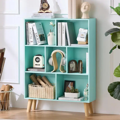 LEYAOYAO Natural Wood 7-Cube Bookshelf  Modern Open-Back Storage Unit with Solid Legs