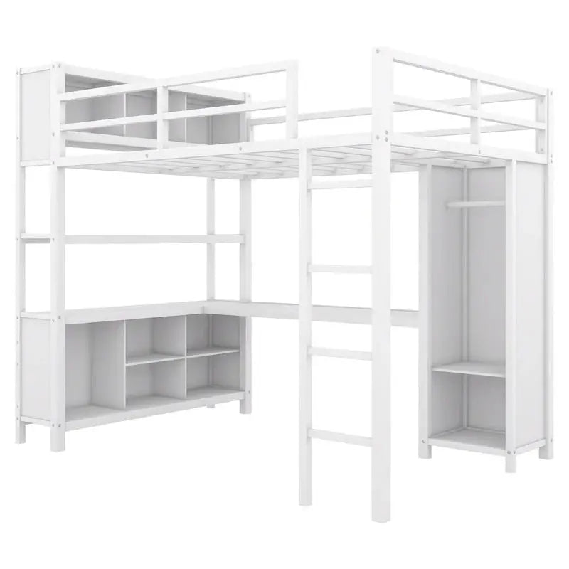 Off-White Metal Loft Bed with Under-Bed Desk and Closet Integration  Full-Size Space-Saving Solution