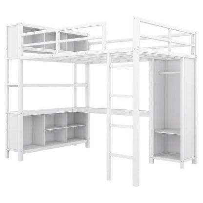 Off-White Metal Loft Bed with Under-Bed Desk and Closet Integration  Full-Size Space-Saving Solution