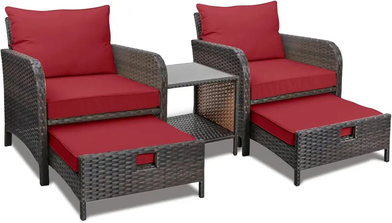 LEVELEVE 5-Piece Brown PE Wicker Patio Conversation Set with Cushioned Chairs and Tempered Glass Table