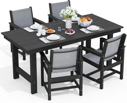 SERWALL 7-Piece Blue HDPE Outdoor Dining Set with Umbrella Hole and Stackable Chairs