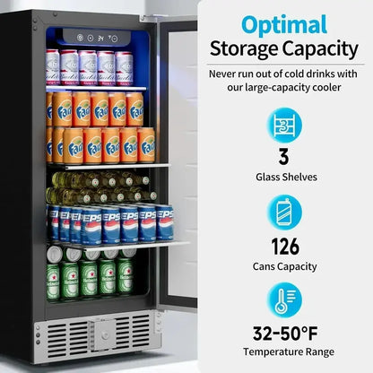 126-Can Beverage Cooler with Tempered Glass Door  Mini Fridge for Soda, Beer & Wine