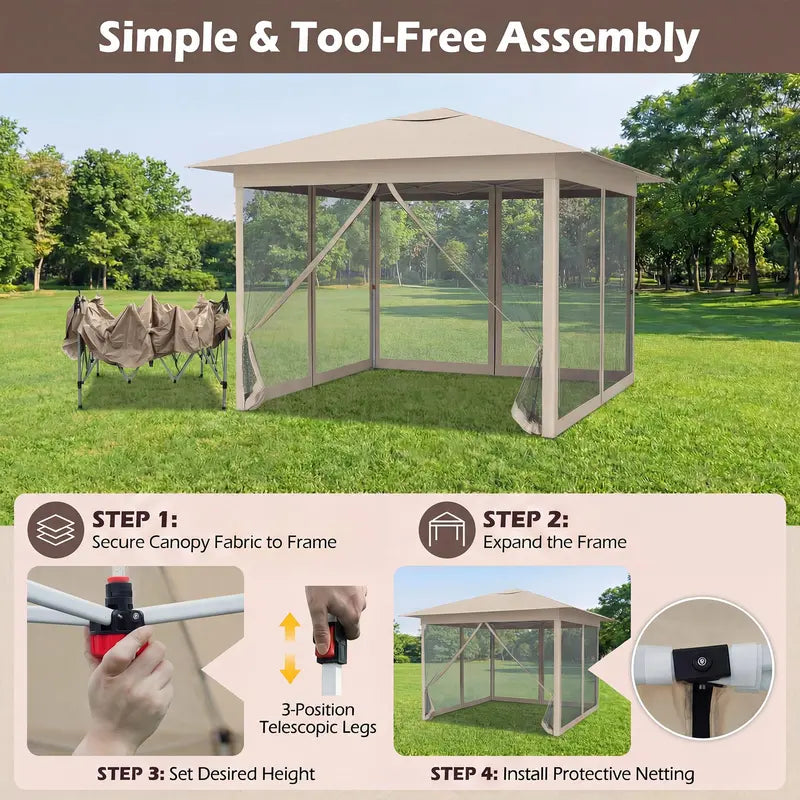11.5′ x 11.5′ Pop-Up Gazebo Canopy Tent with Mesh Netting and One-Person Setup