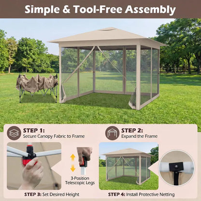 11.5′ x 11.5′ Pop-Up Gazebo Canopy Tent with Mesh Netting and One-Person Setup