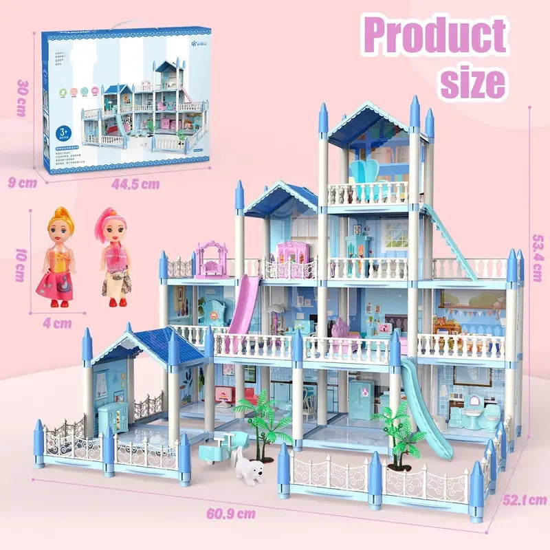 JoyStone 14-Room Kids Dollhouse with Colorful Lights, Includes 2 Dolls, Creative Blue Gift for Girls