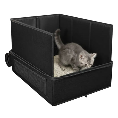 Foldable Zip-Top Travel Cat Litter Box with Integrated Scoop and Collapsible Bowl