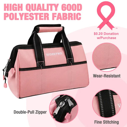 WORKPRO 13-Inch Soft Cloth Tool Bag  Lightweight Storage with Pink Ribbon Accents