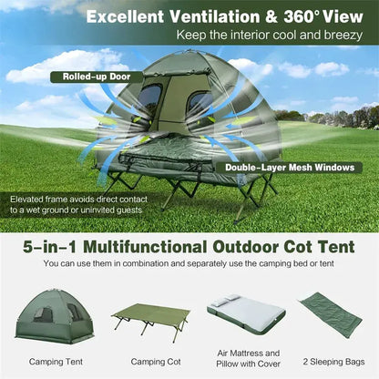 5-in-1 Portable Camping Cot Tent  2-Person Outdoor Combo Featuring Air Mattress, Sleeping Bag, Sunshade & Integrated Tent Structure