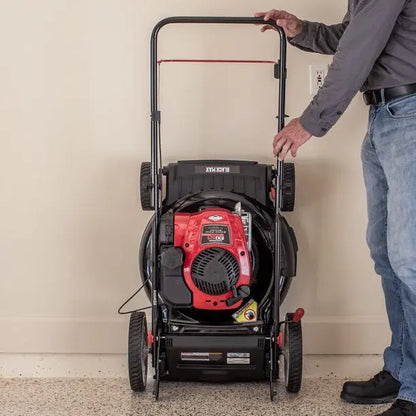 21-Inch 150cc Gas Push Lawn Mower Featuring Mow-N-Stow Storage Design