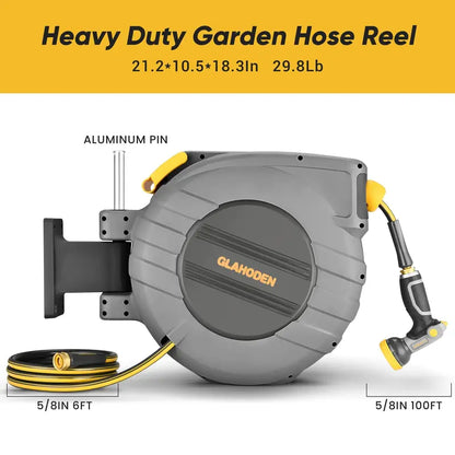 GLAHODEN Wall-Mounted Retractable Hose Reel  100 ft, 5/8″ Premium Garden Hose