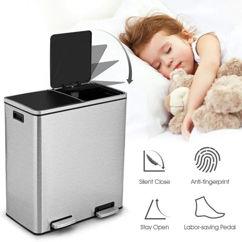 Dual-Compartment Stainless Steel Step Trash Can  60-Liter (16-Gallon) Touch-Free Bin Set