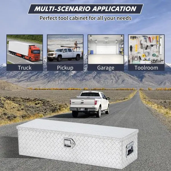 48″ Diamond Plate Truck Bed Toolbox  Silver Aluminum Storage Box with Internal Shelf