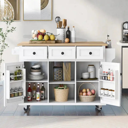 Mobile Kitchen Island on Casters  5-Wheel Design with Cabinet & Triple Drawers