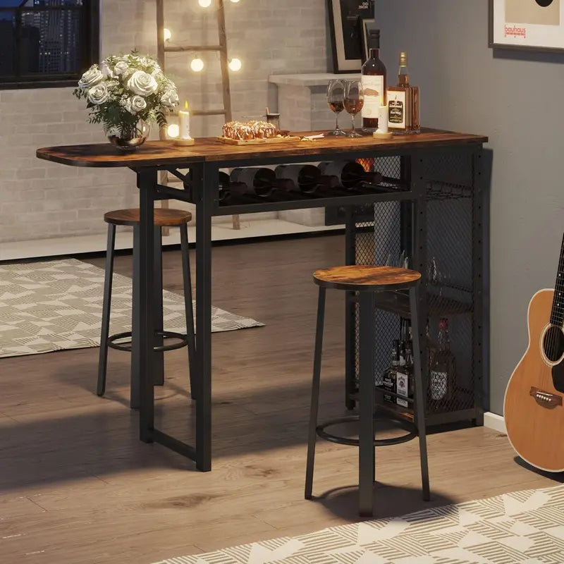 Expandable Industrial Bar Table Set  Includes 2 Stools, Wine Rack, 3-Tier Adjustable Shelving & Counter Height Design, Rustic Brown Finish