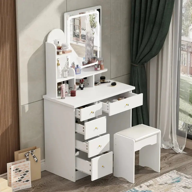LED-Lit Makeup Vanity Desk Set  Includes Mirror, Adjustable Lighting, and Matching Stool