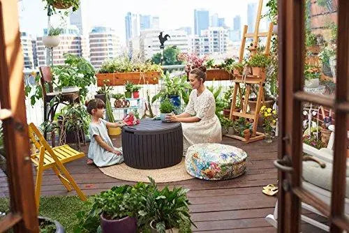 Keter Circa 37-Gallon Round Deck Box  Weather-Resistant Patio Storage Table in Brown Finish