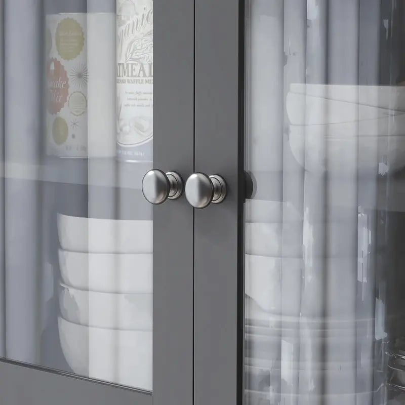 71-Inch Grey Freestanding Pantry Cabinet — Wide Buffet with Countertop, 5 Doors, Drawer, Glass Panel & Cable Management