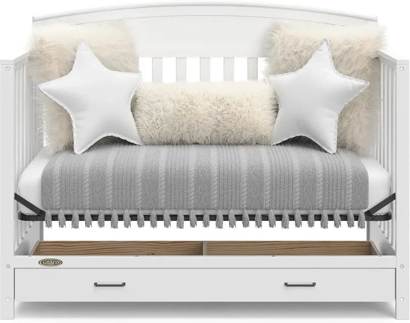 Convertible 5-in-1 Baby Bed in White  GreenGuard Gold Certified with Built-In Storage, Adapts to Toddler, Day & Full-Size Beds