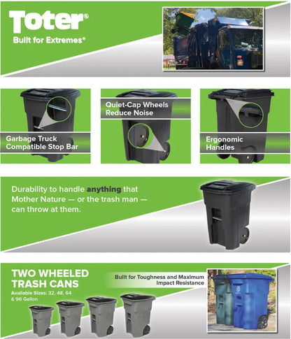 Toter 48 Gallon Durable Trash Can with Smooth Wheels & Lid, Green