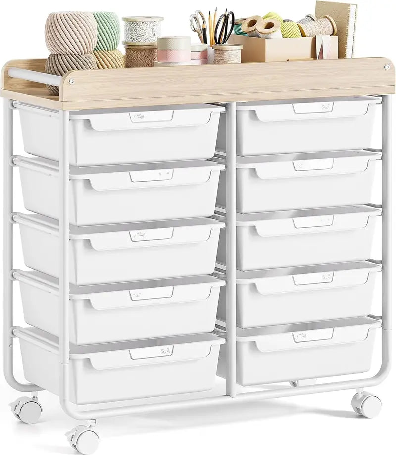 10-Drawer Rolling Craft Cart  Wooden Top Utility Organizer with Casters for Home, Office, or Classroom