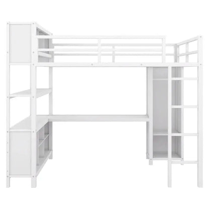 Off-White Metal Loft Bed with Under-Bed Desk and Closet Integration  Full-Size Space-Saving Solution