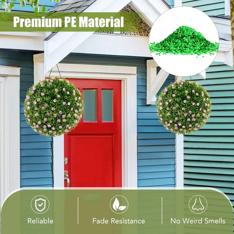 Dual 17.5-Inch Faux Greenery Topiary Balls with Pink Floral Accents for Exterior Use