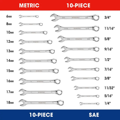 WORKPRO 20-Piece Cr-V Combination Wrench Set  Metric (618mm) & SAE (1/4″3/4″) 12-Point