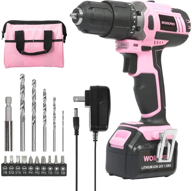 WORKPRO 20V Pink Lithium-Ion Cordless Drill Driver Kit  Pink Ribbon Edition