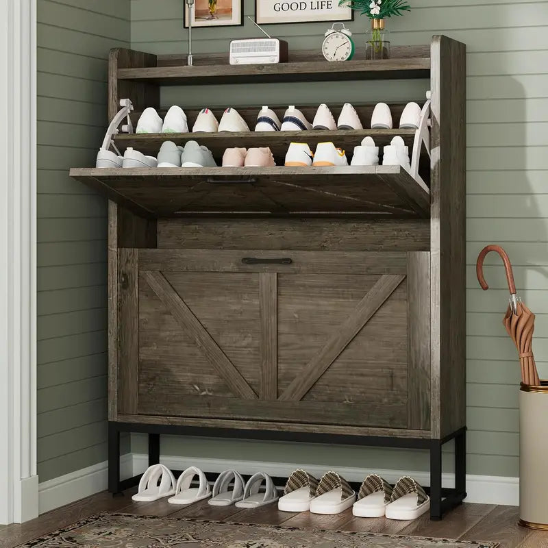 Compact Shoe Storage Cabinet Featuring Two Flip Drawers and One Adjustable Shelf