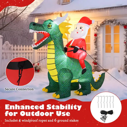 6.7-Foot Inflatable Santa on Dinosaur  Outdoor Holiday Decoration with Built-in Lights and Ground Stakes