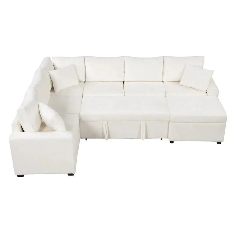 Chenille L-Shaped Sectional Sofa Bed — Pull-Out Mattress, Storage Ottoman, USB Charging & Decorative Pillows