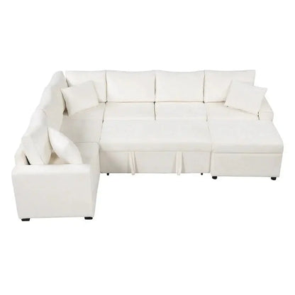 Chenille L-Shaped Sectional Sofa Bed — Pull-Out Mattress, Storage Ottoman, USB Charging & Decorative Pillows