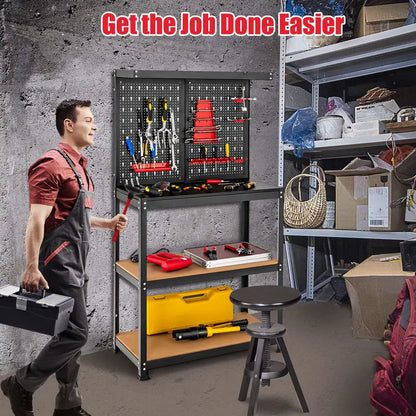 Heavy-Duty Steel Workbench with Pegboard  Tool Table Featuring 2 Open Shelves & 13 Accessories