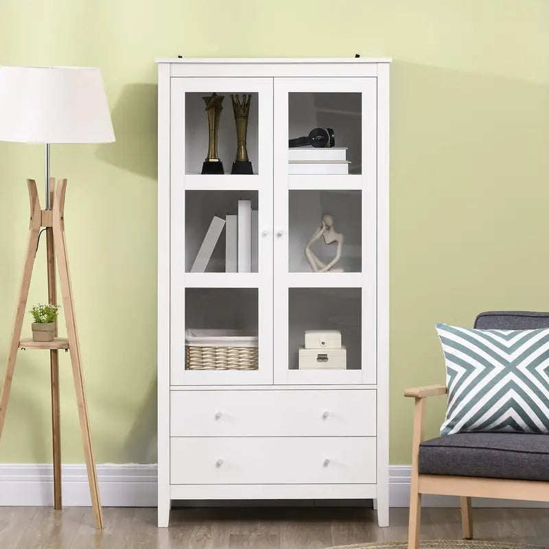 White Freestanding Buffet Cabinet with Soft-Close Glass Doors, Three-Tier Shelving, Two Drawers, and Farmhouse-Inspired Storage Solutions