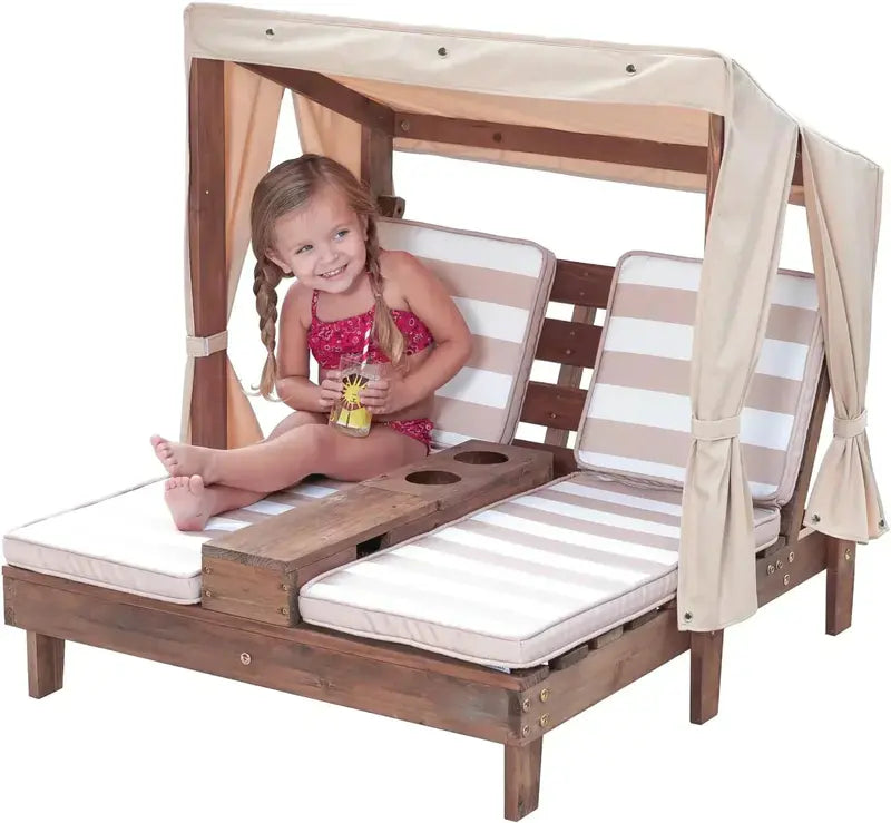 KidKraft Wooden Double Chaise Lounge — Outdoor Kids’ Patio Furniture with Cup Holders