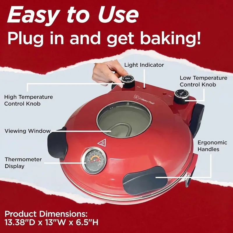 1200W Electric Pizza Oven  Ceramic Stone Baking, Viewing Window, Timer & Adjustable Temperature Control