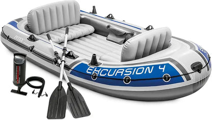 Excursion Inflatable Fishing Boat  SuperTough PVC with Adjustable Backrest Seats, Rod Holders & Welded Oar Locks