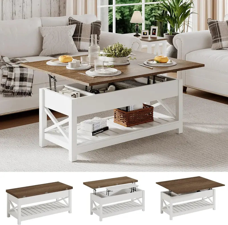 Convertible Coffee Table with Hidden Storage  Multi-Function Design Transforms into Dining Table, White & Brown Two-Tone Finish