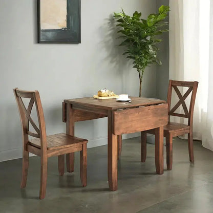 Compact 3-Piece Breakfast Nook Set  Drop-Leaf Wood Dining Table with Two X-Back Chairs