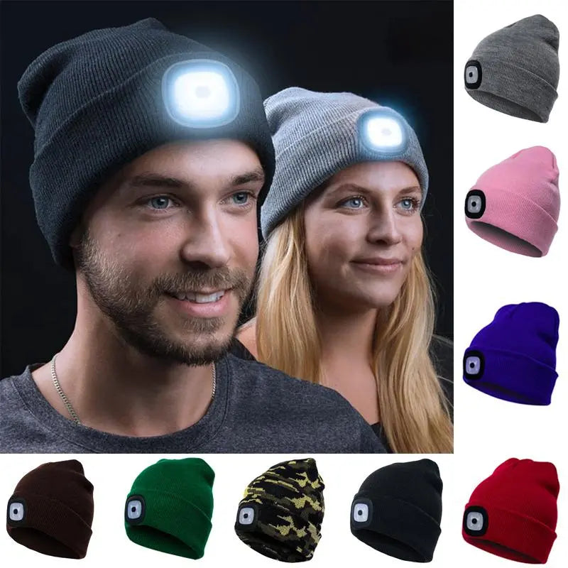 Adjustable LED Headlamp Beanie  Hands-Free Rechargeable Hat Light