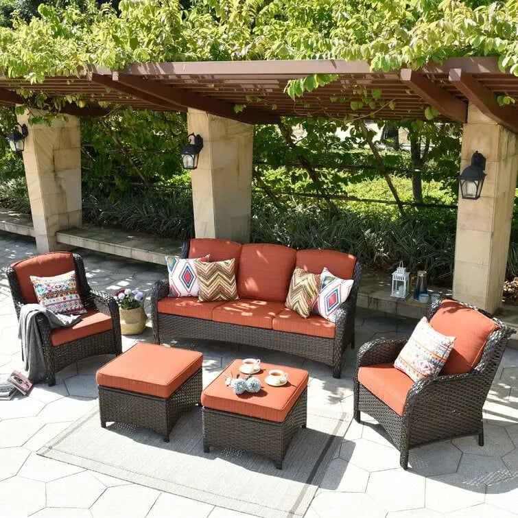Latimer Wicker 5-Piece Seating Set  All-Weather Rattan Lounge Group with Cushions